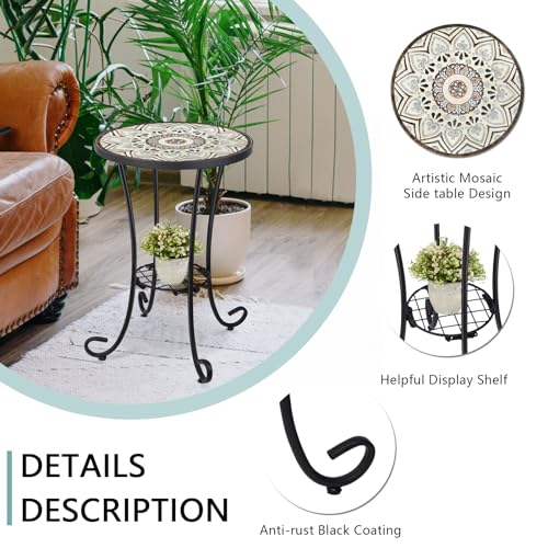 VCUTEKA Outdoor Side Table Mosaic Patio Table Accent Tables Mosaic Tile Top Metal Frame Small End Tables Porch Beach Patio Garden Balcony Brown 14'' - color: Brown
