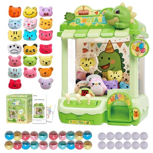 Dinosaur Claw Machine for Kids, Dino Arcade Prize Grabber with 20 Mini Plush Toys and 20 Capsules, 3-Lever Controls, Lights and Music, Gift for Ages 3 and Up - style: Dinosaur