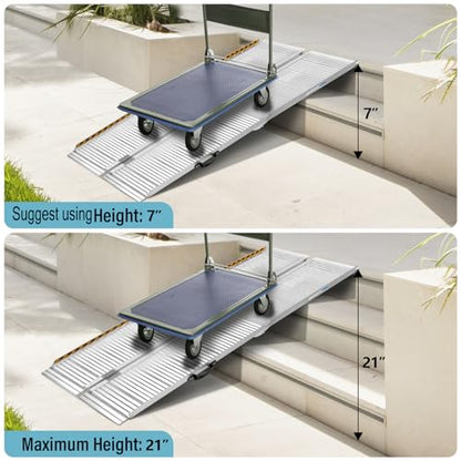 7 Feet Aluminum Folding Wheelchair Ramp, 28in Wide | Non-Skid Handicap Threshold Wheel Chair Ramp for Home Steps, Stairs, Entry, Threshold, Doorways, 600LBS Capacity,28in Wide - size: 7FT-tri-fold-silvery
