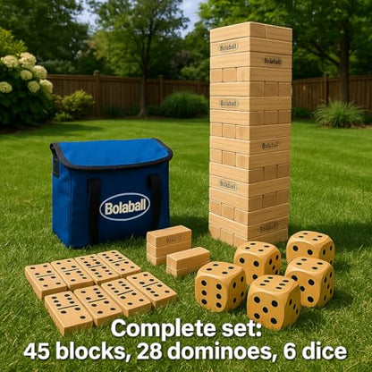 Bolaball Extreme Fun Pack Including 45 Giant Tumbling Blocks, 28 Giant Dominoes, and 6 Giant Dice, Giant Outdoor Games for Family Fun, Set of 3, Classic Block Giant Outdoor Game for 13+ Age Group