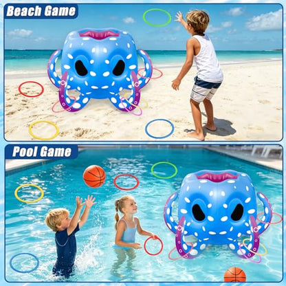 Octopus Pool Toys for Kids Ages 4-8, 2-in-1 Inflatable Float Water Games Toys with Basketball Hoop & Ring Toss, Outdoor Backyard Beach Swim Play, Cool Summer Family Party Supplies Gift Boys Girls - style: Octopus 2 in 1 Games