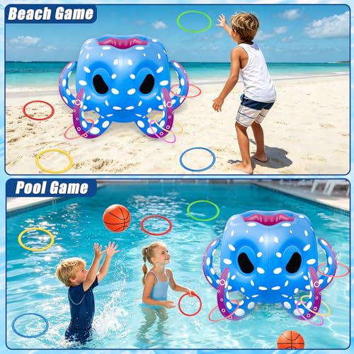 Octopus Pool Toys for Kids Ages 4-8, 8-12, 2-in-1 Inflatable Pool Floats Basketball Hoop & Ring Toss Swimming Pool Games, Summer Outdoor Water Games Beach Party Gift for Boys Girls Family - style: Octopus 2 in 1 Games