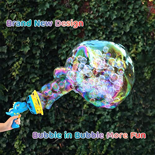 IFLOVE Dinosaur Bubble Gun for Kids 3-8, Bubble Machine Blower Toy (Blue) | Bubble-in-bubble effect， Easy-Grip Dinosaur Bubble Gun Fills Summer Playtime and Party Favors With Colorful Bubbles - color: Blue