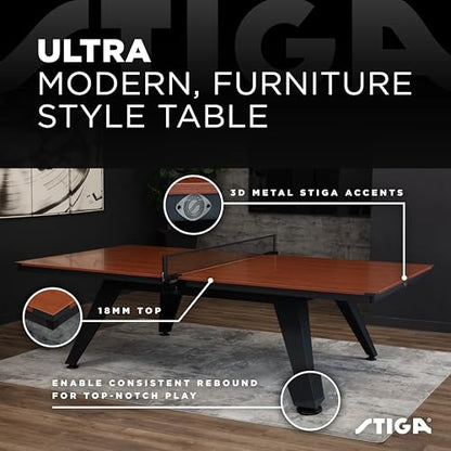 STIGA Ultra Indoor Table Tennis Table – 18mm Woodgrain Ping Pong Table with Steel Frame, Tournament Net & Post, Adjustable Leg Levelers, Modern Furniture-Style Design
