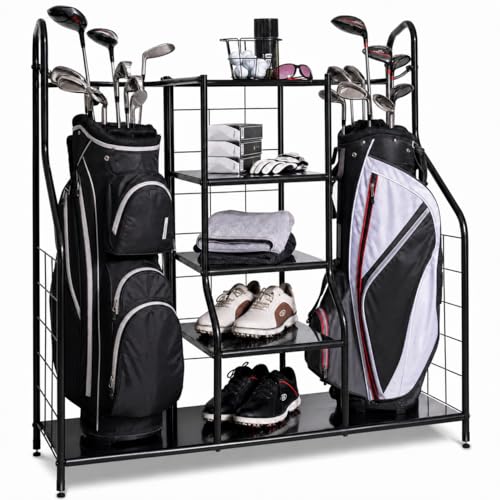 Morvat Golf Organizer for Golf Bags, Clubs, Gadgets, Travel Stuff, & Accessories, Adjustable Feet, Store and Organize Your Equipment, Holds 2 Golf Bags & 5 Metal Accessory Shelves, 38x36x16 - style: Style 1