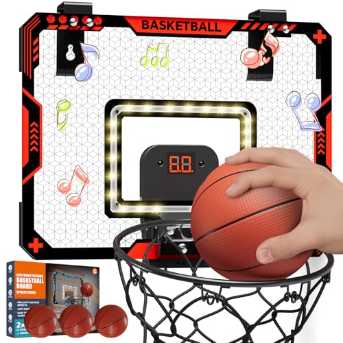 BATURU Over The Door Basketball Hoop for Kids – Indoor Basketball Toy with LED Scoreboard, Lights & Sound, Easy to Hang – Fun Gifts for Boys Ages 6–10 - color: Red