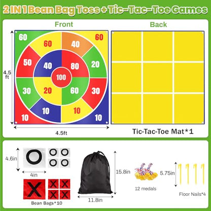 2-in-1 Giant Outdoor Bean Bag Toss & Large Tic Tac Toe Games & Potato Sack Race Bags Egg Spoon Relay Race,3 Legged Race, Field Day Outdoor Gamesfor Kids Adults Family-Carnival Games