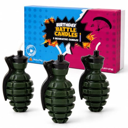 3D Grenade Birthday Candles Set of 3 with Gift Box – Gaming Cake Topper for Battle, Level Up, Army & Video Game Themed Birthday Party Decorations for Boys, Teens & Gamers