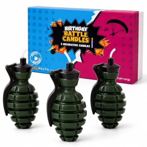 3D Grenade Birthday Candles Set of 3 with Gift Box – Gaming Cake Topper for Battle, Level Up, Army & Video Game Themed Birthday Party Decorations for Boys, Teens & Gamers