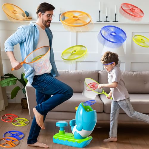 KukuFun 24-Pack Flying Disc Launcher Toys with Protective Glasses, Outdoor Outside Game Gifts for Kids Boys Ages 3-5 4-8, Fun Active Disc Launcher Set for Toddlers Girls Ages 3 4 5 6 7 8