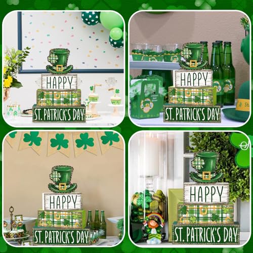 DIYDEC 4Pcs St.Patrick's Day Table Decoration Shamrocks Hat Wooden Block Signs Rustic St. Patrick Tiered Tray Decor Happy St.Patrick's Day Centerpiece Sign for Farmhouse Holiday Tabletop Party Decor - style: St.Patrick's Day Hat