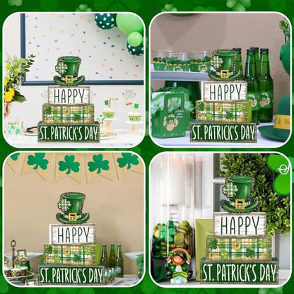 DIYDEC 4Pcs St.Patrick's Day Table Decoration Shamrocks Hat Wooden Block Signs Rustic St. Patrick Tiered Tray Decor Happy St.Patrick's Day Centerpiece Sign for Farmhouse Holiday Tabletop Party Decor - style: St.Patrick's Day Hat