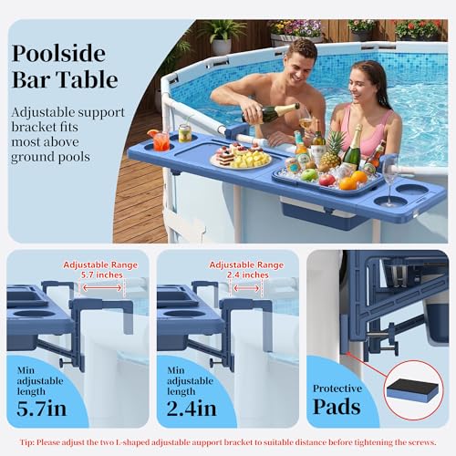 Poolside Bar with Ice Bucket, Poolside Bar Table with Adjustable Support Bracket Fits Above-ground Pools, Swim Up Bars Up to 110lbs, Patio Poolside Table Smart Fold ＆Weather Resistant Stable Tabletop