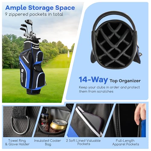ULTIMATE Golf Cart Bag with 14-Way Top Dividers, Golf Club Bag w/ 9 Pockets incl. Cooler Bag, Rain Hood/Dust Cover, Detachable Shoulder Strap & Carry Handles, Lightweight for Men & Women - color: Blue