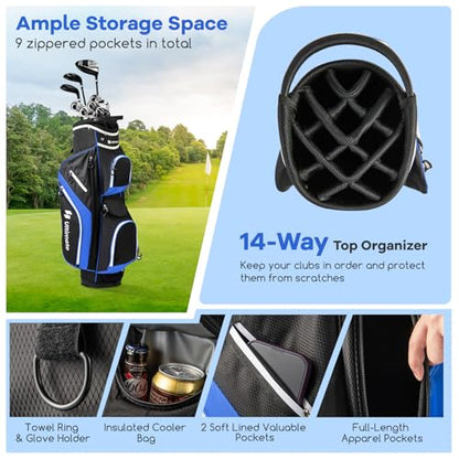 ULTIMATE Golf Cart Bag with 14-Way Top Dividers, Golf Club Bag w/ 9 Pockets incl. Cooler Bag, Rain Hood/Dust Cover, Detachable Shoulder Strap & Carry Handles, Lightweight for Men & Women - color: Blue
