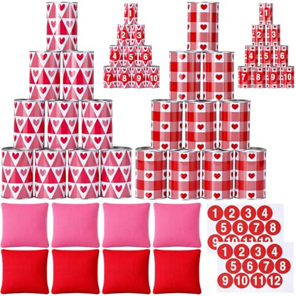 30 Pcs Valentine's Day Carnival Bean Bag Toss Party Game, Knock Down Can Games Set, Includes 20 Metal Can 8 Bean Bags 2 Set Number Stickers for Outdoor and Indoor Games Carnival Party