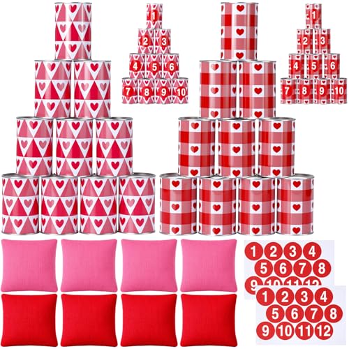30 Pcs Valentine's Day Carnival Bean Bag Toss Party Game, Knock Down Can Games Set, Includes 20 Metal Can 8 Bean Bags 2 Set Number Stickers for Outdoor and Indoor Games Carnival Party