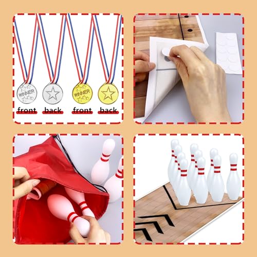 Mini Bowling Set Indoor Outdoor Indoor Bowling Set with Guide Arrow Mat Gold and Silver Medal Backpack Dispensing Suitable for Family Friends Family Party Entertainment