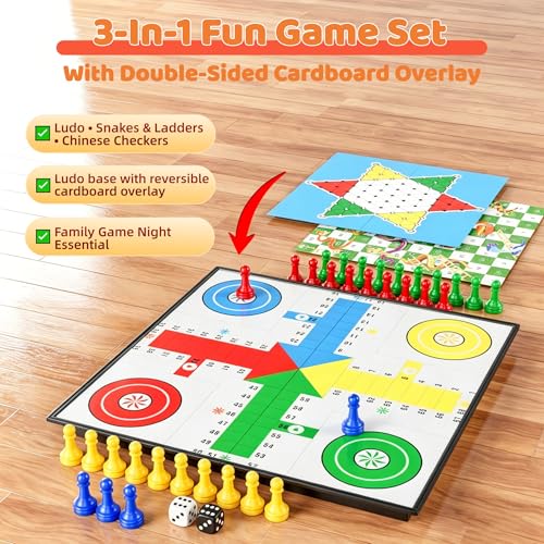 3 in 1 Magnetic Board Games Set for Kids Adults - Classic Travel Game Set with Chinese Checkers, Ludo, Snakes and Ladders, Educational Family Strategy Game with Folding 12.4 Inches Board & Piece