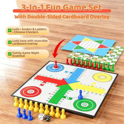 3 in 1 Magnetic Board Games Set for Kids Adults - Classic Travel Game Set with Chinese Checkers, Ludo, Snakes and Ladders, Educational Family Strategy Game with Folding 12.4 Inches Board & Piece