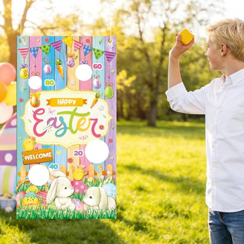 Easter Party Games Set Bean Bag Toss Game for Adults Banner with 4 Bean Bags for Tossing Bunny Egg Easter Party Decoration Indoor Outdoor Festive Decor - color: Easter02