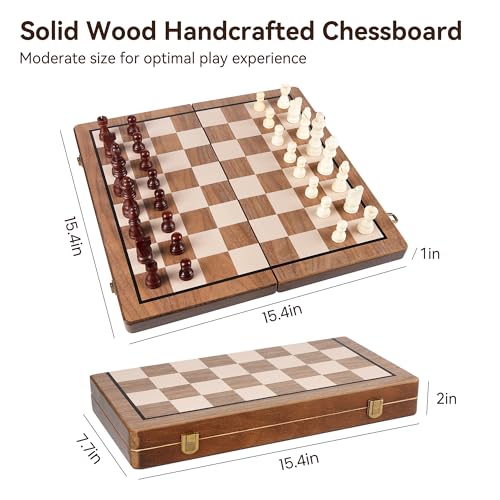 Hvygss 15 Inch Magnetic Chess Board, Foldable Wooden Chess Set with Checkers, Handcrafted Pieces with 2 Extra Queens, Portable Travel Board Game for Kids 6+ (Walnut Style, 15 Inch)