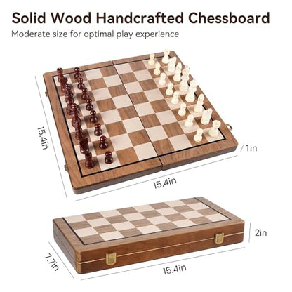 Hvygss 15 Inch Magnetic Chess Board, Foldable Wooden Chess Set with Checkers, Handcrafted Pieces with 2 Extra Queens, Portable Travel Board Game for Kids 6+ (Walnut Style, 15 Inch)