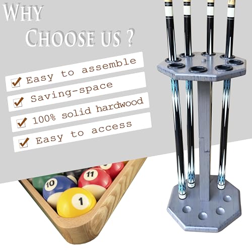 Freestanding Billiard Cue Rack, Pool Table Accessories Hold 8 Cues, Pool Cue Stick Holder, Wooden Floor Stand Pool Cue Holder for Billiard Game Room (Gray) - color: Gray