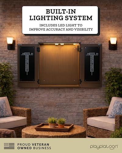 Play Platoon Outdoor Dart Board Cabinet - Dartboard Waterproof Enclosure with Darts Scoreboard, Dart Holder & Dartboards Lighting System for Outside Bar Games & Game Room