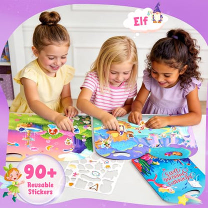 JoyCat Reusable Sticker Book Set (3-Pack): Unicorn, Fairies, Mermaid - 90 Pcs Stickers for Toddlers, Kids Sticker Activity Book, Road Trip Travel Toys, Party Favors, Birthday Gifts for Baby Girls - style: 3-Pack: Unicorn, Fairies, Mermaid