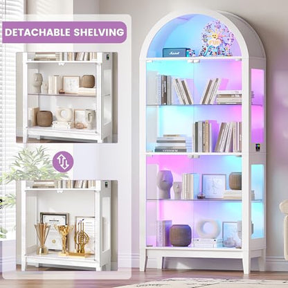 Gurexl 5-Tier Arched Glass Display Cabinet, Motion Sensor RGB LED Showcase with Music Sync Light & Adjustable Shelves, Tempered Glass Curio Cabinet for Action Figures Trophies Collectibles, White - color: White-80008a