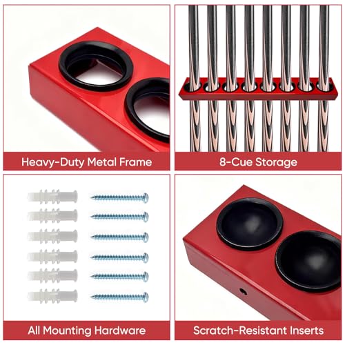 Pool Stick Holder Wall Mount, 8-Hole Metal Billiard Pool Cue Rack with Plastic Inserts, Heavy-Duty Wall-Mounted Cue Storage Pool Pool Accessories for Home Game Room, Bar, Man Cave (Red)