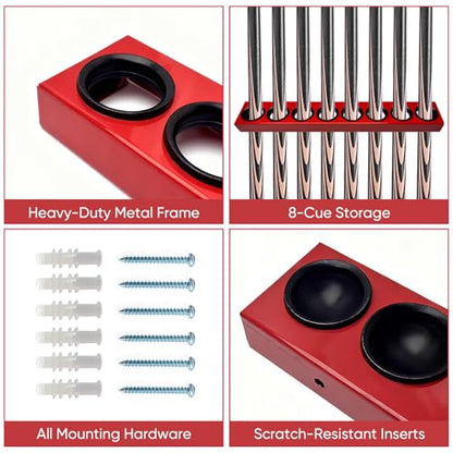 Pool Stick Holder Wall Mount, 8-Hole Metal Billiard Pool Cue Rack with Plastic Inserts, Heavy-Duty Wall-Mounted Cue Storage Pool Pool Accessories for Home Game Room, Bar, Man Cave (Red)
