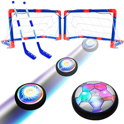 3-in-1 Hover Hockey Soccer Ball Set, Rechargeable Air Soccer and Floating Battery Hockey Kids Toys with LED Lights and Foam Bumper, 2 Goals for Boys and Girls Ages 4 5 6 7 8-12 for Indoor/Outdoor Game