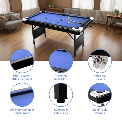 GarveeLife 6 Foot Pool Table, Folding Pool Table, Portable Billiards Tables Includes Full Set of Billiard Balls, 2 Cue Sticks, Chalk & Felt Brush for Family Game Room - color: Blue