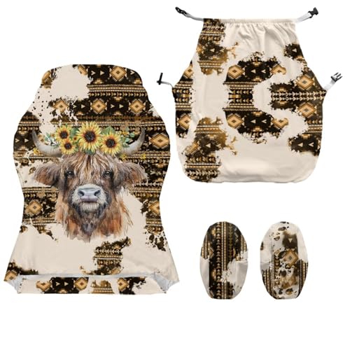 Highland Cattle Print Gaming Chair Covers Slipcovers Aztec Sunflower Print Game Chair Cover with Armrest Covers Skin Friendly Breathable - color: Brown - Highland Cattle Aztec Sunflower