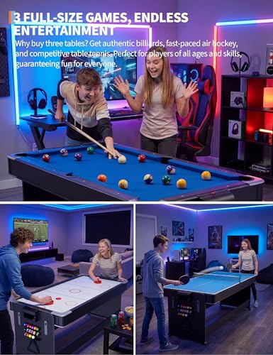 Rotating 3-in-1 Game Table 7FT - Convertible Air Hockey, Pool & Table Tennis with Built-in Storage Rack, Easy Flip Top for Game Room