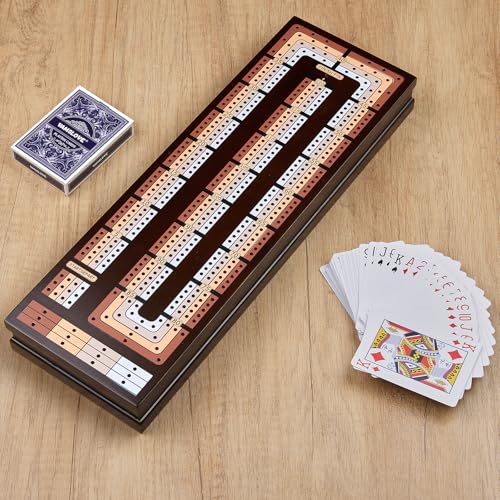 VAMSLOVE Upgraded Wooden 4-Track Cribbage Board Game Magnetic Scoreboard with Large Slots for Storing 2 Playing Cards and 12 Metal Pegs, Travel Family Game Night (Instruction Included)