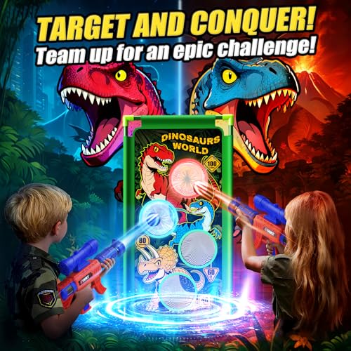 Dinosaur Shooting Game Toys, 2 Air Pump Launcher with Aiming Fun, 3 Dinosaur Theme & 4 Target Score Points, 24 Foam Balls, Indoor Outdoor Toy Gift for Kid Boy 3 4 5 6 7 8 9 10 11 12 Year Old Age 3-12