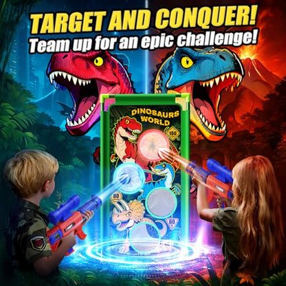 Dinosaur Shooting Game Toys, 2 Air Pump Launcher with Aiming Fun, 3 Dinosaur Theme & 4 Target Score Points, 24 Foam Balls, Indoor Outdoor Toy Gift for Kid Boy 3 4 5 6 7 8 9 10 11 12 Year Old Age 3-12