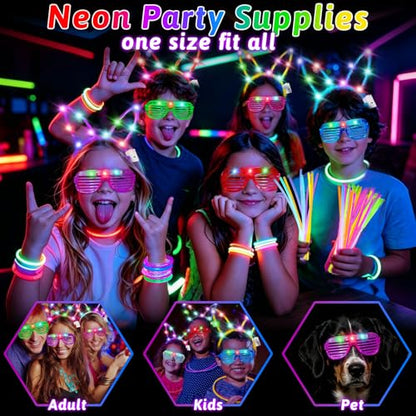 156Pcs Glow In The Dark Party Supplies for Kids/Adults, Light Up Accessories with Glasses, Headband, Bracelets, Necklaces, Wand, 100 Glow Sticks Bulk Party Pack, Neon Disco Birthday Party Decorations