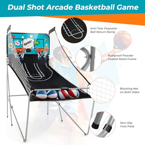 GYMAX Arcade Basketball Game Indoor Foldable with 8 Game Modes, Arcade Sound, 4 Balls and Inflation Pump, Electronic Basketball Games for Home - color: Green