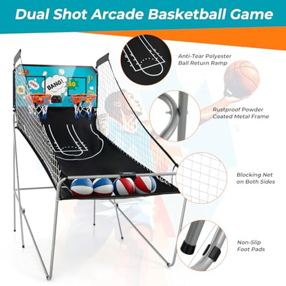 GYMAX Arcade Basketball Game Indoor Foldable with 8 Game Modes, Arcade Sound, 4 Balls and Inflation Pump, Electronic Basketball Games for Home - color: Green