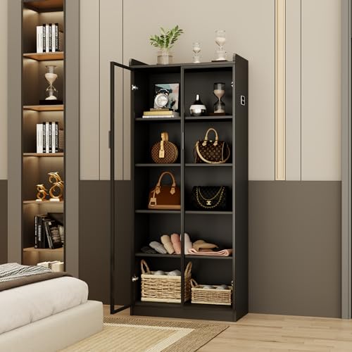 Dystler Display Cabinet with Doors and Adjustable Shelves, 65" Tall Bookcase with LED Lights/Human Sensor, 5 Tier Display Case for Collectibles Bedroom Living Room Office, Black - color: Black