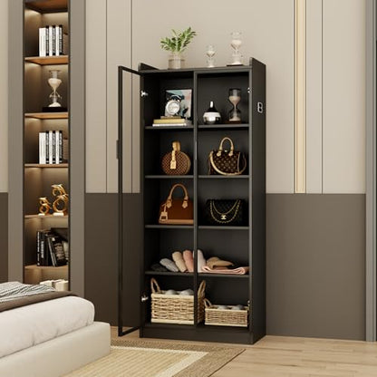 Dystler Display Cabinet with Doors and Adjustable Shelves, 65" Tall Bookcase with LED Lights/Human Sensor, 5 Tier Display Case for Collectibles Bedroom Living Room Office, Black - color: Black
