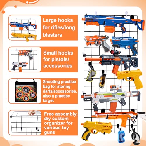 Wall Mount Toy Gun Storage Organizer,Organizer for Toy Guns with Shooting Practice Target Toys Storage Bag and Hooks,Toys Gun Holder Gun Rack for Foam Blasters Guns Accessories Game Room