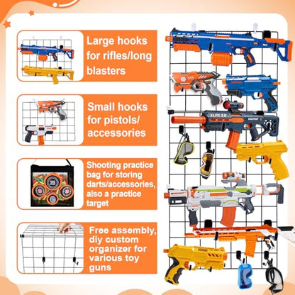 Wall Mount Toy Gun Storage Organizer,Organizer for Toy Guns with Shooting Practice Target Toys Storage Bag and Hooks,Toys Gun Holder Gun Rack for Foam Blasters Guns Accessories Game Room
