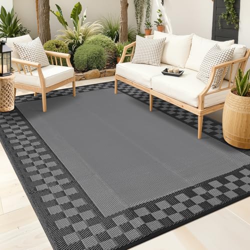 GarveeHome Waterproof Plastic Straw Outdoor Rug 9x12 Checkered Patio Outdoor Reversible Mats UV Resistant Foldable Indoor Outdoor Throw Carpets for Deck, Picnic, Porch, Camper, Balcony, Beach, Grey - color: Checkered-charcoal Gray & Black, size: 9' x 12'