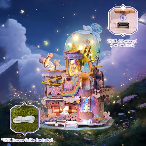 Tonecheer 3D Wooden Puzzle for Adults - Star Workshop, Mechanical Transmission Model Kit, Dynamic DIY Building Set with Music & Lights, Miniature House Kit Ideas - style: Star Workshop