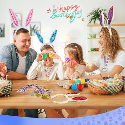 Atonofun Easter Outdoor Party Games for Kids, Potato Sack Race Jumping Bags, Bunny Ears Headbands, Egg and Spoon Race, Legged Relay Race Bands for Easter Theme Party Favor, Easter Eggs Hunt Game